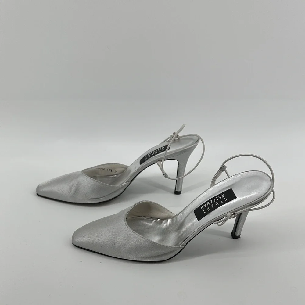 VTG‎ 90s Stuart Weitzman Silver Slingback Heels Retro Chic Aesthetic SZ 10.5